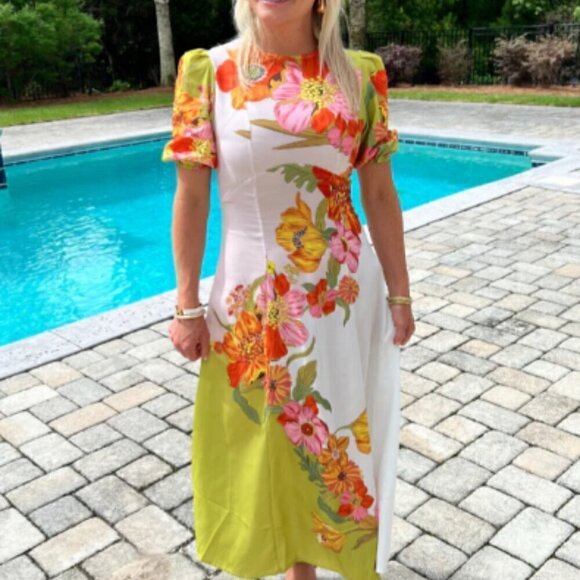 Floral Short Sleeve Tropical Silas  Puff Sleeve Crew Neck Midi Dress L - Picture 1 of 13